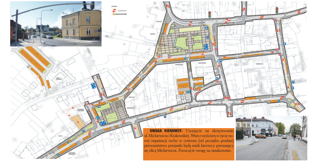 Czerwonymi strzałkami na mapie zaznaczyliśmy kierunek jazdy na poszczególnych ulicach w centrum Rawy Mazowieckiej.