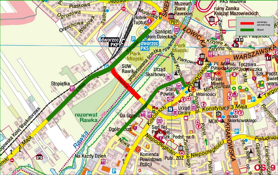 Mapa objazdów podczas zamknięcia mostu na ul. Fawornej.