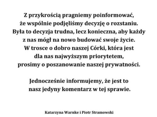 Katarzyna Warnke i Piotr Stramowski poinformowali o rozstaniu