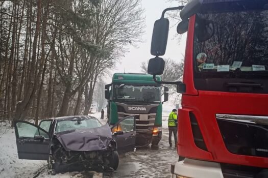 Wypadek w Bogusławkach Małych. Dwie osoby poszkodowane. DW 726 była całkowicie zablokowana